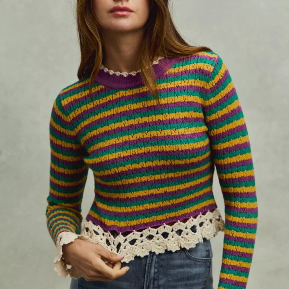 SO ME‎ Mardi Gras Striped Cropped Knit Top with Crochet Edge